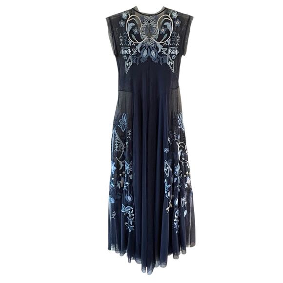 JOHNNY WAS BIYA Mesa Size Small Navy Blue Mesh Floral Embroidery Boho Maxi Dress - Picture 6 of 16